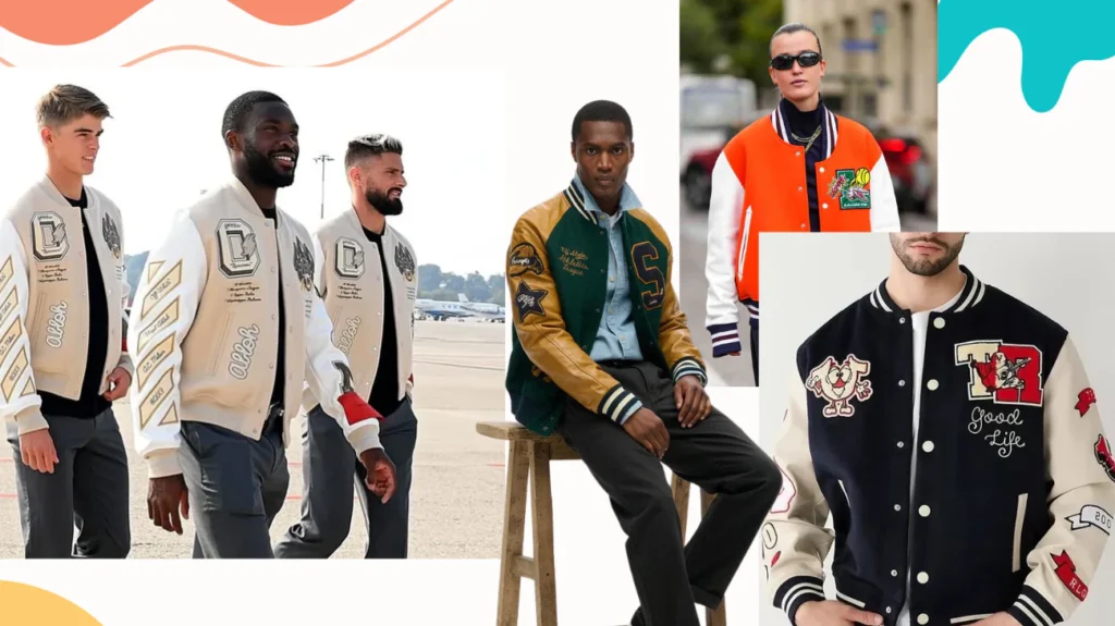 A group of people wearing stylish, customized high school letterman jackets, showcasing a variety of designs, colors, and embroidered patches. The jackets feature classic varsity elements like logos, school letters, and personalized details, reflecting individual styles and achievements.